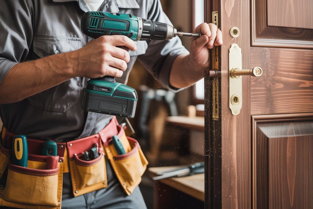 Serrurier Menuiserie MDB à Occitanie installant une serrure dorée sur une porte en bois avec précision,
