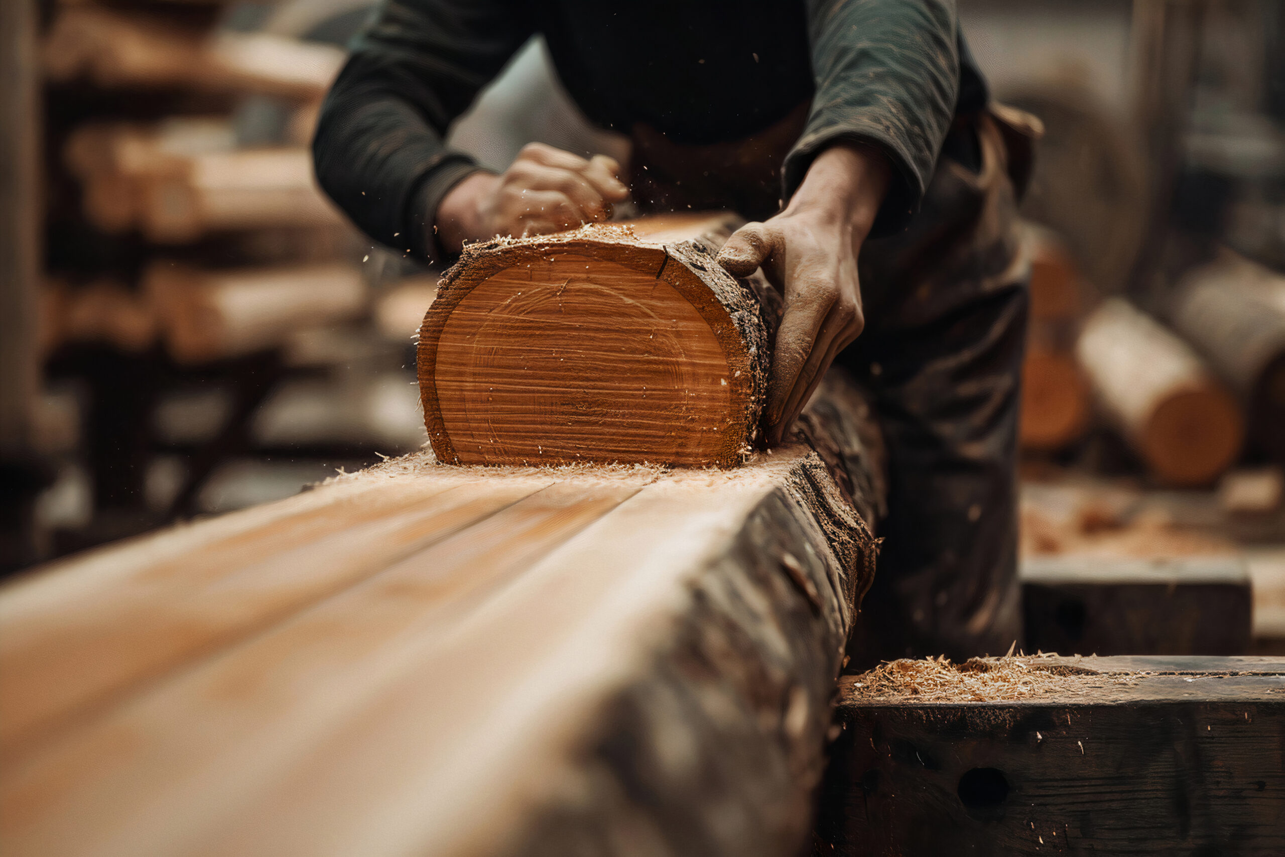 artisan façonne une demi-bûche à la main chez Menuiserie MDB Occitanie, atelier bois traditionnel,