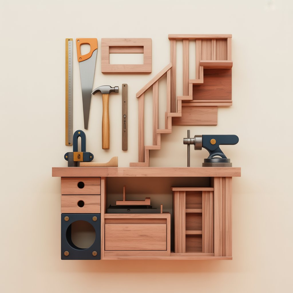 Outils de menuiserie organisés chez Menuiserie MDB Occitanie sur fond beige, ambiance atelier bois et bricolage,